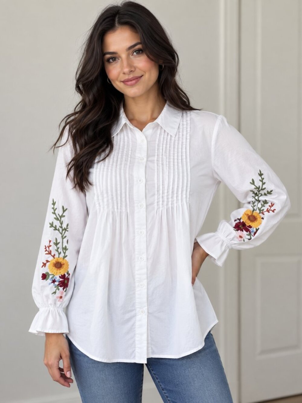 Embroidered Longline Shirt Dress with Floral Sleeves - SMALL